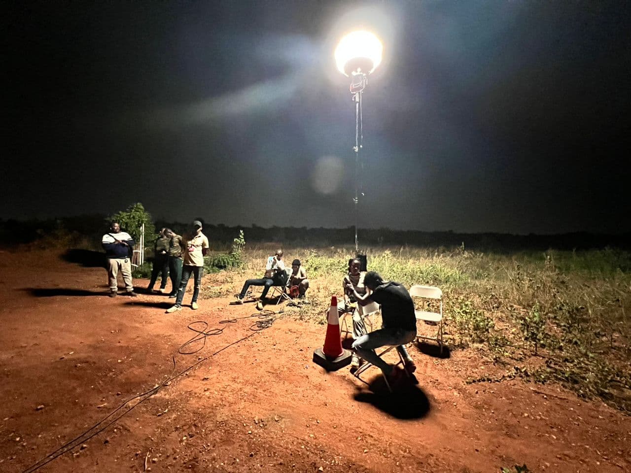 Night shoot lit by a balloon light on location